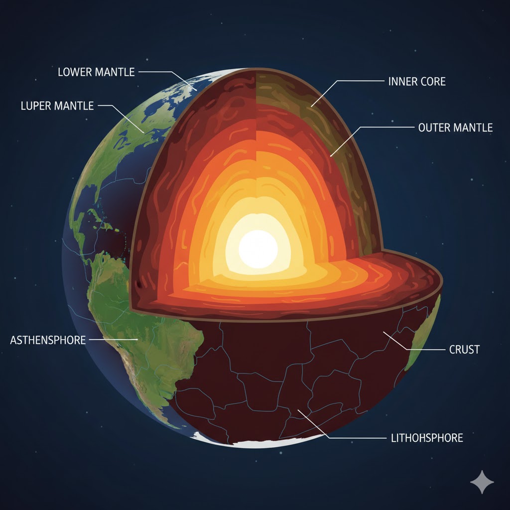 Diagram of Earth's internal layers: Inner Core, Outer Core, Mantle, and Crust.