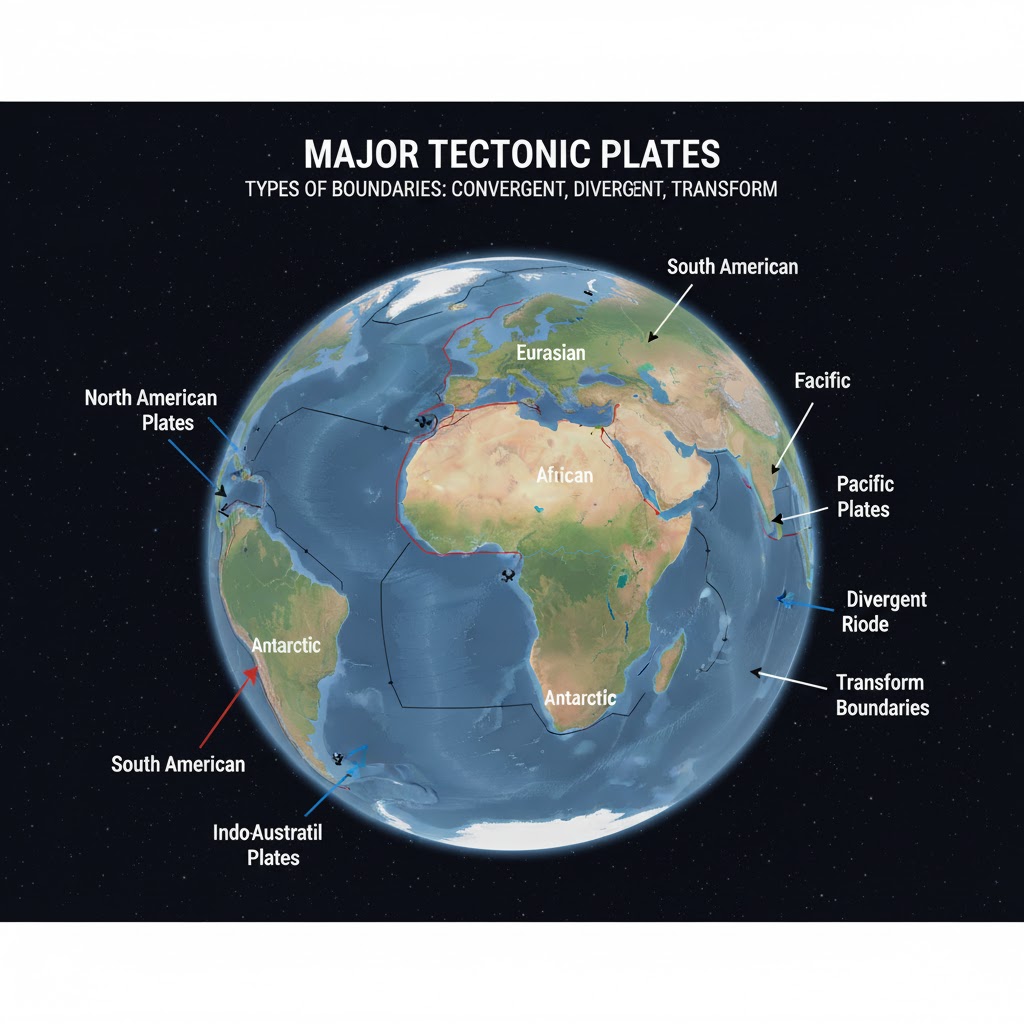 Map showing the major tectonic plates and their boundaries.
